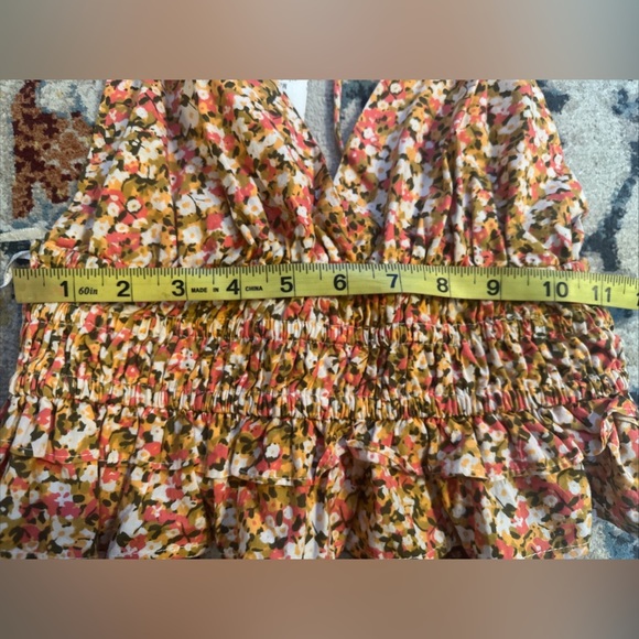 NWT Sim & Sam Pink Orange Brown Floral Smocked Ruffled Cami Spaghetti Strap Sz S - Picture 4 of 9